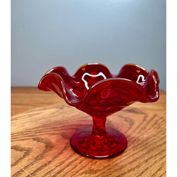 Vintage Viking Glass Ruby Red Amberina Georgian Ruffle Pedestal Bowl Compotewith - Picture 9 of 14